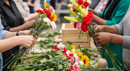A diverse group of people are gathered around a table, using their hands to arrange colorful flowers like carnations and lilies into beautiful bouquets. This scene depicts a floral workshop, a community event, or the work of florists in a flower market.の素材