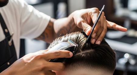 A close-up of a barber's hands giving a man a fade haircut. The barber is using electric clippers in one hand and a black comb in the other to style and cut the hair with precision. The barber has tattoos on his arm.の素材