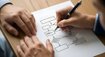 A close-up, over-the-shoulder shot of two people at a wooden desk, collaborating on a hand-drawn flowchart. One person's hand is drawing boxes and arrows with a black pen on white paper, while the other person's hands are on the table. This represents teamwork, planning, and business strategy.の素材