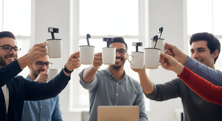 A happy and diverse team of colleagues in a modern office celebrates a success by toasting with coffee mugs that have small cameras or robots attached. The surreal image symbolizes the future of work, artificial intelligence integration, and corporate teamwork.の素材