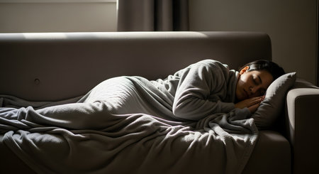 A woman is sleeping or napping on a gray sofa in a living room, partially covered by a matching gray blanket. A beam of sunlight hits the couch, but the woman's face is in shadow. The scene evokes tiredness, exhaustion, or relaxation.の素材