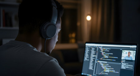 An over-the-shoulder view of a young man wearing headphones, programming on his laptop in a dimly lit room at night. The screen shows lines of code and a video call window, suggesting remote work or online learning.の素材