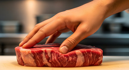 A chef's hand gently touches a thick, raw, marbled ribeye steak resting on a wooden cutting board in a professional kitchen setting. The image emphasizes high-quality meat preparation and cooking.の素材
