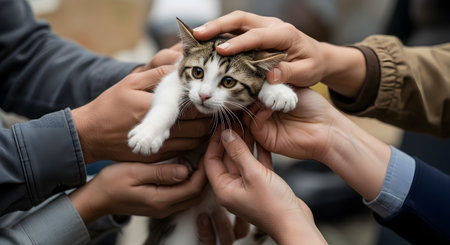 A small, wide-eyed tabby and white kitten looks scared as it is held and gently petted by multiple pairs of hands. The different hands suggest a community effort, such as animal rescue, adoption, or veterinary care. The image evokes concepts of compassion, support, and helping vulnerable animals.の素材