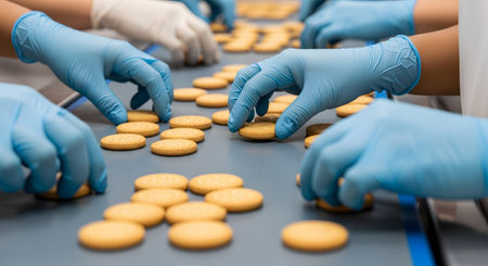 Workers wearing blue protective gloves are sorting and inspecting cookies moving along a conveyor belt in a food manufacturing facility. The image emphasizes food industry work, hygiene, and the production process.の素材