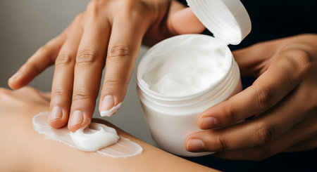 A close-up shot of a person's hands applying thick white moisturizer from a white jar onto their arm. The fingers gently spread the rich lotion, highlighting the creamy texture. This image represents skincare, self-care, hydration, and beauty routines.の素材