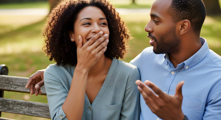 A happy African American couple sits close together on a park bench. The man is talking and gesturing animatedly, while the woman laughs and covers her mouth with her hand. The scene is brightly lit by sunshine, suggesting a warm day and a joyful, intimate conversation.の素材