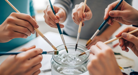 A close-up shot of several hands holding paintbrushes and dipping them into a clear glass jar filled with water, creating ripples. This scene suggests a group art activity, a painting workshop, or a collaborative creative process.の素材