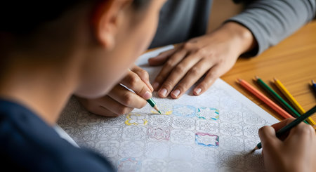 A close-up view from over the shoulder shows two people working together to color an intricate, geometric mandala pattern in an adult coloring book using colored pencils. The activity suggests focus, relaxation, mindfulness, and a creative hobby.の素材