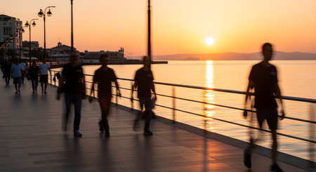 People are captured in motion blur as they walk along a wide waterfront promenade or boardwalk during sunset, with the sun low over the water in the background. The blurred movement conveys a sense of activity and the passage of time in a scenic, coastal environment.の素材