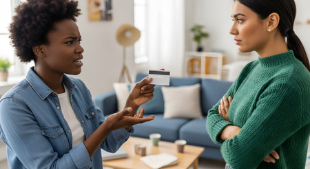 Two women are in a living room, engaged in a serious disagreement about finances. One woman holds up a credit card while looking frustrated and talking, while the other woman stands with her arms crossed, looking defensive or upset. The scene conveys concepts of financial stress, debt, and relationship conflict.の素材