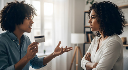 A young couple is having an intense argument in their living room. The man is holding a credit card and gesturing as he speaks, while the woman stands with her arms crossed, looking upset and defensive, representing financial disagreement.の素材