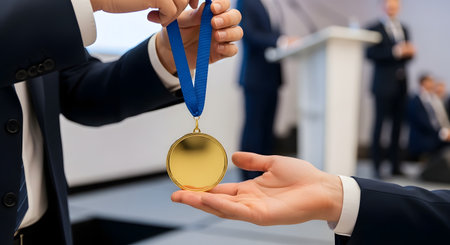 A close-up shot shows a person in a suit presenting a blank gold medal with a blue ribbon to another person, whose hand is open to receive it. The background is blurred, suggesting an awards ceremony, and the image represents achievement, success, and recognition.の素材