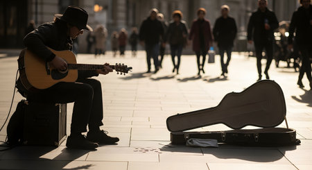 A street musician, or busker, wearing a hat, sits on an amp case and plays an acoustic guitar on a city sidewalk. His open guitar case rests in front of him for tips, while pedestrians walk by in the sunlit, blurred background.の素材