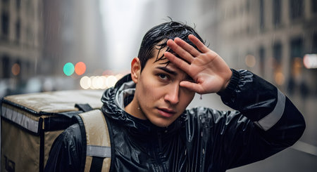 A young male food delivery courier, wearing a waterproof jacket and a large thermal backpack, wipes his wet face with his hand while standing in the rain on a city street. He looks tired but determined, with city lights blurred in the background.の素材