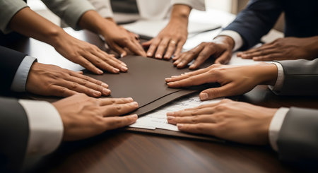 A close-up view shows multiple pairs of hands from a diverse group of business professionals in suits, all placed together on top of a folder or document on a meeting table. This gesture signifies teamwork, collaboration, agreement, and unity.の素材