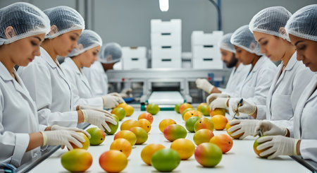 A line of factory workers in sterile white coats, gloves, and hairnets are carefully inspecting and sorting fresh mangoes on a production line. This image depicts the quality control process in a modern food processing plant.の素材