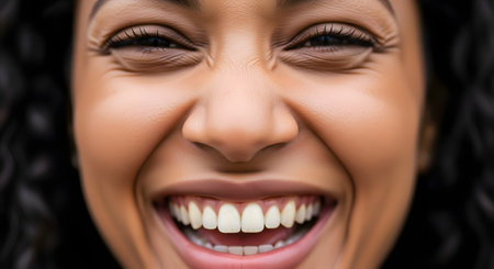 An extreme close-up shot captures the lower half of a woman's face, showing a wide, joyful smile with perfect white teeth. Her eyes are crinkled with happiness, conveying pure joy, laughter, and positivity.の素材