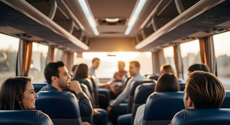 An interior view of a tour bus filled with passengers. The people are sitting, talking, and smiling, with a warm sunset glowing through the front windshield. The focus is on the community and journey.の素材