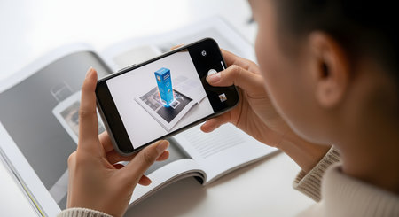 An over-the-shoulder view of a person holding a smartphone, using an augmented reality (AR) app. The phone's camera is pointed at a magazine, and a 3D model of a product box is superimposed on the page.の素材