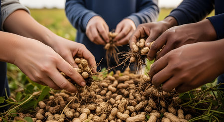 A close-up shot of multiple diverse hands harvesting fresh peanuts from the plant. The hands are gathered over a large pile of peanuts, suggesting a community effort, agriculture, and the harvest season.の素材