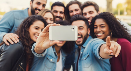 A large, diverse group of happy young friends huddles together outdoors, smiling for a selfie being taken with a smartphone. The atmosphere is joyful and captures a moment of friendship and social connection in the digital age.の素材