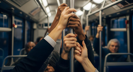 A close-up shot focusing on multiple diverse hands with different skin tones, all gripping a single metal pole inside a public transport vehicle like a bus or subway. The image conveys themes of commuting, diversity, and urban life.の素材