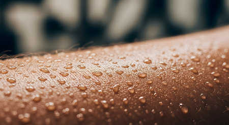 A close-up macro photograph of human skin, likely an arm, covered in small, glistening droplets of sweat. The skin also shows goosebumps, highlighting a physical reaction to exercise, heat, or humidity. The image details the texture of skin, pores, and perspiration.の素材