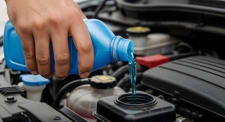 A close-up of a hand pouring bright blue windshield washer fluid or engine coolant from a plastic bottle into a car's reservoir. The car's engine bay is visible in the background, representing car maintenance.の素材