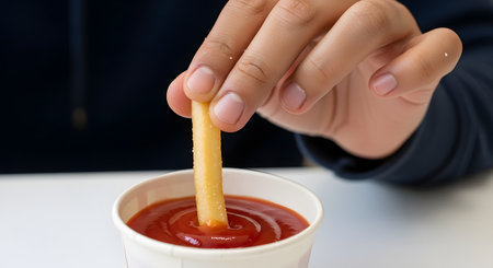 A close-up shot captures a hand dipping a single, salted french fry into a paper cup filled with ketchup. The person is wearing a dark blue sweatshirt, and the background is a plain white table.の素材