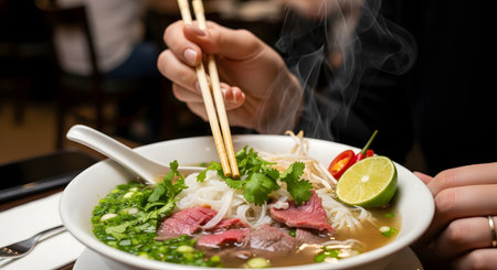 A person uses chopsticks to lift noodles from a steaming hot bowl of traditional Vietnamese pho soup. The bowl is rich with beef slices, fresh cilantro, bean sprouts, and garnished with lime and chili, showcasing a delicious Asian meal.の素材