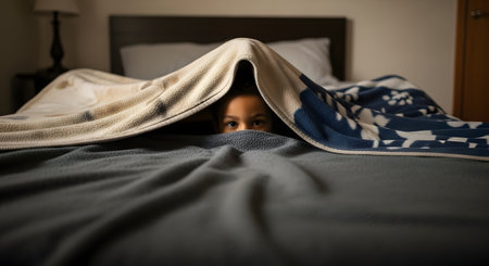 A young child's eyes peek out from under a pile of blankets in a dimly lit bedroom. The child appears scared, shy, or playful, hiding from monsters or the dark.の素材