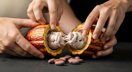 Two people's hands are opening a fresh, ripe cacao pod, revealing the white pulp-covered beans inside. Several dried cocoa beans are scattered on the dark surface below. This image represents chocolate making, agriculture, and natural ingredients.の素材