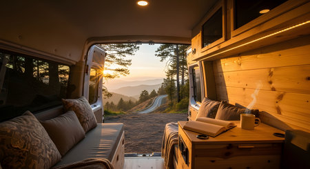 The interior of a cozy, wood-paneled camper van with the back doors open to a stunning mountain landscape at sunset. A book and mug rest on a small table, embodying the van life, travel, and freedom.の素材