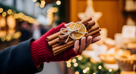A close-up of a hand wearing a cozy red, fingerless glove, holding a bundle of cinnamon sticks tied with twine, and decorated with a dried orange slice and star anise. The background is a beautifully blurred Christmas market at night, with festive bokeh lights.の素材