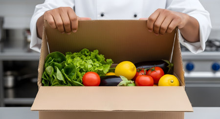 A chef in a professional kitchen opens a cardboard box filled with fresh, colorful vegetables, including lettuce, tomatoes, lemons, and eggplants. The image represents farm-to-table concepts, fresh ingredient delivery services, meal kits, and healthy cooking.の素材