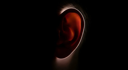 An artistic, abstract, and dramatic close-up of a human ear, isolated against a solid black background. A strong rim light traces the outer edge of the ear, highlighting its form and curves while the rest is in shadow. This image represents hearing, sound, listening, and anatomy.の素材
