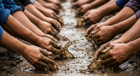 A close-up shot of numerous pairs of hands, lined up in two rows, splashing and digging in a muddy trench. The water and mud are splashing up, conveying themes of teamwork, hard work, fun, or a mud run.の素材