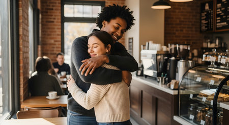 A happy and affectionate interracial couple, a Black man and a White woman, share a warm hug in a cozy, sunlit coffee shop. They are both smiling, conveying love, comfort, and a strong connection.の素材