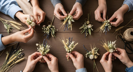 A top-down flat lay view shows multiple pairs of hands on a dark wooden table, creatively arranging small bouquets from dried flowers, including lavender and wheat. This image captures a crafting workshop, DIY project, and the art of floristry.の素材