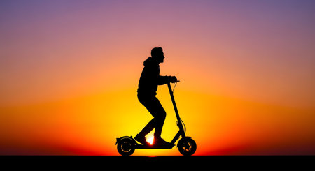 The stark silhouette of a man riding an electric scooter is set against a beautiful, vibrant sunset with shades of orange, yellow, and purple. This image represents modern urban mobility, freedom, and eco-friendly transport.の素材