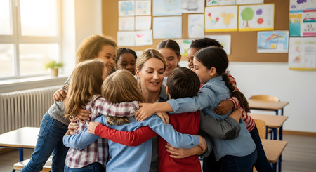 A smiling female elementary school teacher is surrounded by a group of diverse students in a warm, loving group hug. The happy children and teacher are in a classroom with drawings on the wall.の素材