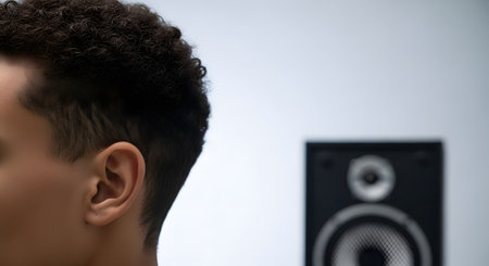 A close-up, side-profile shot focuses on a young man's ear and curly hair, with a large audio speaker intentionally blurred in the background. The image represents the concepts of listening, hearing, sound perception, and audio quality.の素材