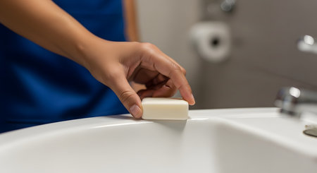 A close-up shot of a person's hand picking up a white bar of soap from the edge of a clean, white ceramic bathroom sink. The person wears a blue shirt, and a faucet is blurred in the background, emphasizing hygiene.の素材