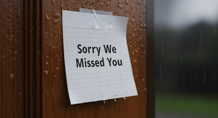 A 'Sorry We Missed You' note is taped to a wooden door, with visible raindrops and a blurred rainy background. This image conveys concepts of missed delivery, absence, failed attempts, bad weather, and communication.の素材