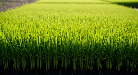 A close-up, ground-level view of a dense field of young, vibrant green rice seedlings growing in dark, fertile soil. The bright, even rows suggest a well-tended paddy field, symbolizing agriculture, growth, and nature.の素材