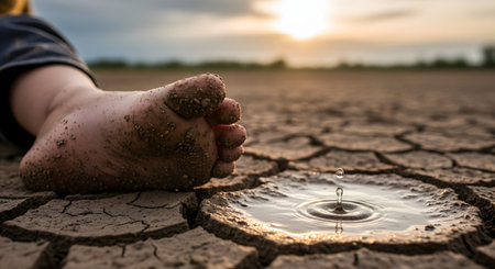 A powerful image showing a single drop of water creating a ripple in a small puddle on dry, cracked earth. A person's bare, dirty foot rests nearby, symbolizing drought, water scarcity, climate change, and a glimmer of hope.の素材