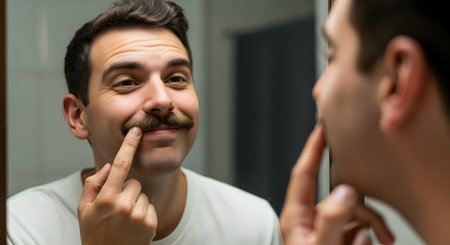 A man with a prominent mustache smiles as he looks at his reflection in a bathroom mirror, gently touching his facial hair. He appears pleased with his grooming and style.の素材