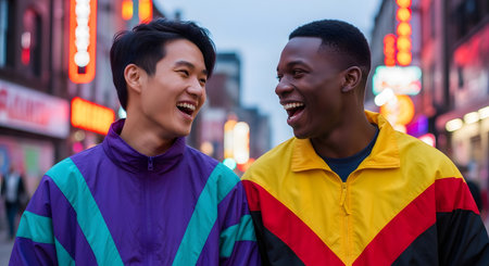Two young, diverse male friends, one Asian and one Black, laugh happily together on a city street at night. They are wearing colorful retro windbreakers, and the background is filled with blurred neon lights.の素材