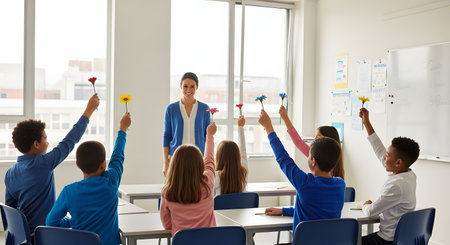 A smiling female teacher stands in front of a bright classroom as her elementary students, seen from behind, raise their hands holding colorful flowers. The scene represents teacher appreciation, kindness, and a positive learning environment.の素材